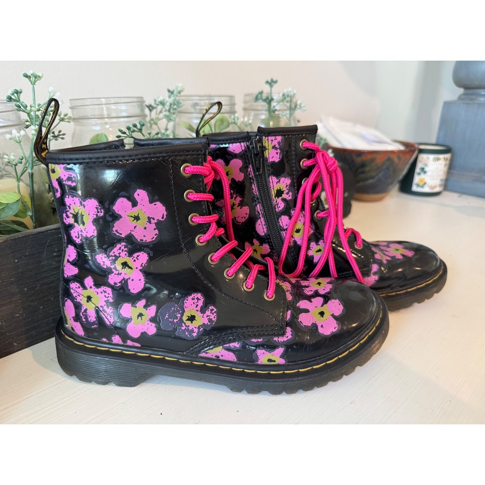 Dr. Martens 1460 J Kids Floral Patent Leather Combat Boots Black Pink Size 3 US